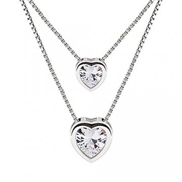 B.Catcher Doppelkette Herz Damen Halskette Anhänger 925 Sterling Silber Zirkonia Schmuck Weihnachtengeschenk für Damen/Frau/Freundin/Tochter - 1