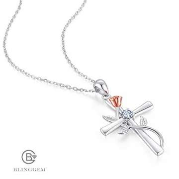 BlingGem Kette Damen 925 Sterling Silber mit Rundschliff Zirkonia Kreuz Rosen-Blume Anhänger Halskette Frauen Geschenk zum Dame,48 cm - 4