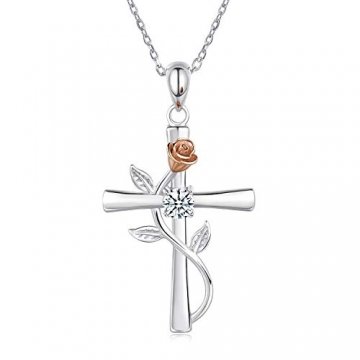 BlingGem Kette Damen 925 Sterling Silber mit Rundschliff Zirkonia Kreuz Rosen-Blume Anhänger Halskette Frauen Geschenk zum Dame,48 cm - 1