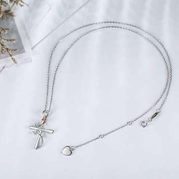 BlingGem Kette Damen 925 Sterling Silber mit Rundschliff Zirkonia Kreuz Rosen-Blume Anhänger Halskette Frauen Geschenk zum Dame,48 cm - 7
