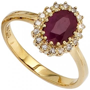 Damen Ring 585 Gold Gelbgold 16 Diamanten 0,16ct. 1 Rubin rot Goldring - 1