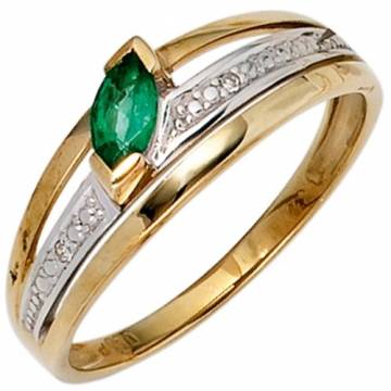 Damen Ring 585 Gold Gelbgold bicolor 1 Smaragd grün2 Diamanten 0,01ct. Goldring - 60 - 1