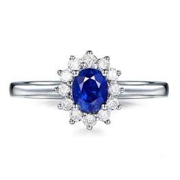 Dreamdge Ring Damen 18K Gold Blumenring, Blau Oval Saphir Diamant Ring 0.65ct Größe 50 (15.9) - 1