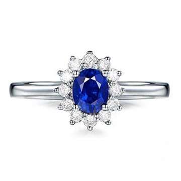 Dreamdge Ring Damen 18K Gold Blumenring, Blau Oval Saphir Diamant Ring 0.65ct Größe 50 (15.9) - 1