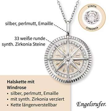 Engelsrufer - Damen Halskette aus 925 Sterling Silber mit Windrose Anhänger, Emaille und Zirkonia Steine, eleganter Frauen Silberschmuck rhodiniert, Schmuck Kette - 4