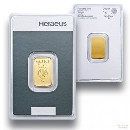 Goldbarren 5g - 5 Gramm Gold - Heraeus - Feingold 999.9 - Prägefrisch - LBMA zertifiziert - 1