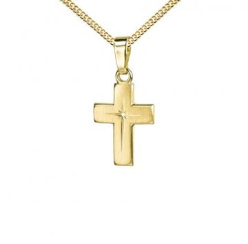 Goldkreuz Kreuz-Anhänger für Damen, Herren und Kinder mattiertes Kreuz mit strahlenförmiger Kreuz-Gravur als Kettenanhänger 585 Gold 14 Karat mit Panzer-Kette vergoldet + Schmuck-Etui - 1