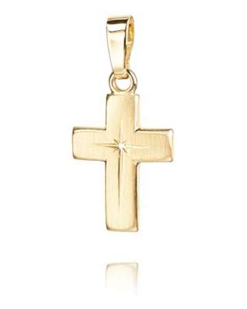 Goldkreuz Kreuz-Anhänger für Damen, Herren und Kinder mattiertes Kreuz mit strahlenförmiger Kreuz-Gravur als Kettenanhänger 585 Gold 14 Karat mit Panzer-Kette vergoldet + Schmuck-Etui - 6