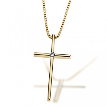 Goldmaid Halskette 585 Gelbgold Kreuz 1 Lupenreiner Brillant 0,02 ct. Kettenanhänger Kreuzkette Diamantkette - 1
