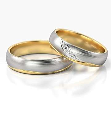 JC Trauringe Gold 750 Paarpreis Bicolor Gelbgold Weißgold I Eheringe breit 5 mm I Edle Partnerringe mit Gravur in edler Schatulle I 2 Hochzeitsringe Herrenring ohne & Damenring mit Steinen I PL283 - 5