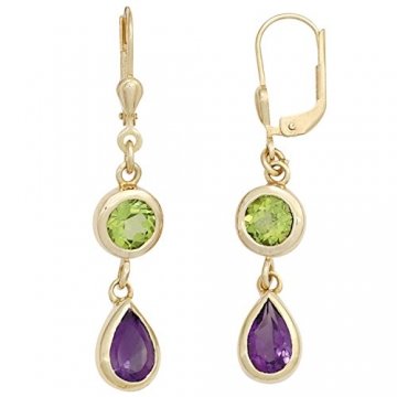 JOBO Damen-Ohrhänger aus 585 Gold mit Amethyst Tropfen und Peridot Oval - 1