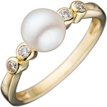 JOBO Damen-Ring aus 333 Gold mit Perle und 4 Zirkonia Größe 56 - 1