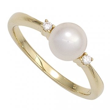 JOBO Damen-Ring aus 585 Gold mit Perle und 2 Diamanten Größe 50 - 1