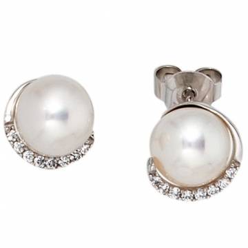 JOBO Ohrstecker 585 Weißgold 2 Süßwasser-Perlen 16 Diamant-Brillanten Ohrringe - 1