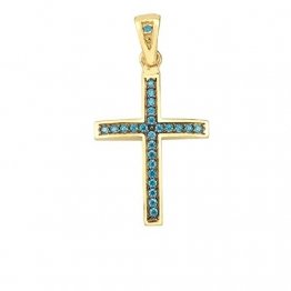 Kreuz Anhänger Gold 585 mit Goldkette 45cm - 50cm Gelbgold 14 Karat Halskette mit Blauen Zirkonia Steinen - 1