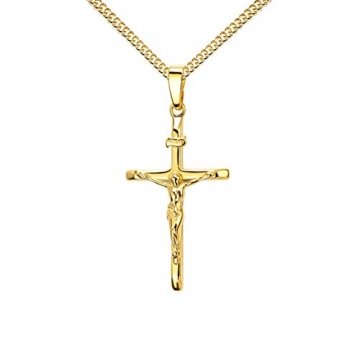 Kreuz-Anhänger Goldkreuz Jesus Christus mit INRI-Gravur für Damen, Herren und Kinder als Kettenanhänger 585 Gold 14 Karat mit Panzer-Kette vergoldet + Schmuck-Etui - 1