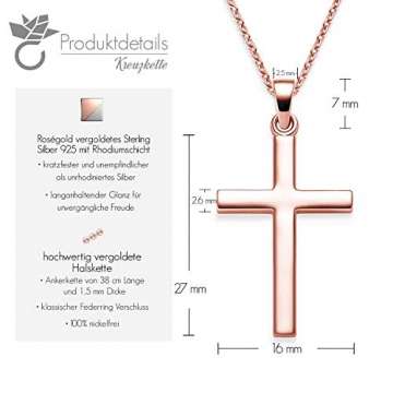 Kreuz Kette Rosegold (Silber 925 hochwertig vergoldet) + Luxusetui + Goldanhänger echt Silber Kreuzkette Rosegold ohne Stein Kreuzanhänger Anhänger Kommunion Konfirmation Taufkette FF526 VGRS45 - 4