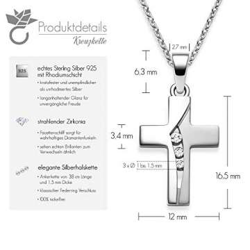 Kreuz Kette Silber 925 mit Zirkonia + inkl. Luxusetui + echt Silber  Kreuzkette mit Stein wie Diamant Kreuz-Anhänger Kommunion Konfirmation  Taufe Taufkette Mädchen Kinder Baby kleine Geschenke FF429