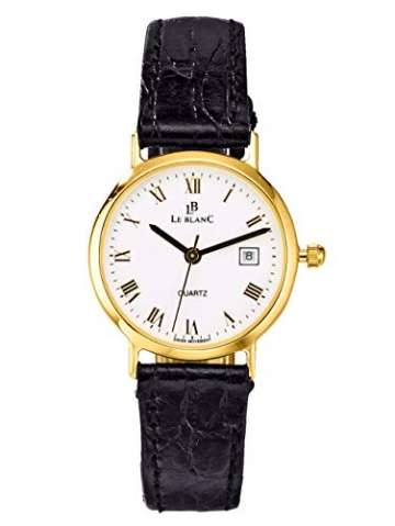 Le Blanc Damen Analog Uhr in 585 Gold (14 Karat) mit Armband in Schwarz aus Leder - 3