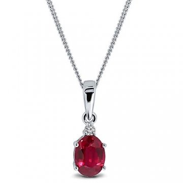 Miore Kette Damen 0.02 Ct Diamant Halskette mit oval Anhänger Edelstein/Geburtsstein Rubin in rot und Diamanten Brillanten Kette aus Weißgold 9 Karat / 375 Gold, Halsschmuck 45 cm lang - 1