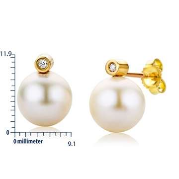 Miore Schmuck Damen 0.02 Ct Diamant Ohrstecker mit weiße Süßwasserperlen und Diamanten Brillanten Ohrringe aus Gelbgold 18 Karat / 750 Gold - 3