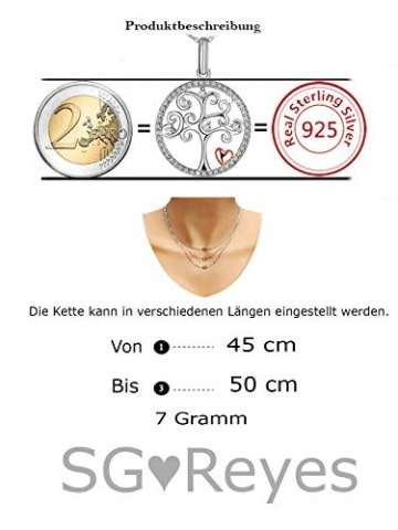 SG Reyes. Silberkette Damen 925 mit Anhänger Lebensbaum.Gold Plattiert Herz. Ein wunderschöner Glücksbringer. Länge von 45 cm bis 50 cm. Sterling Silber 925, nickelfrei. (Glücksbringer 1) - 6