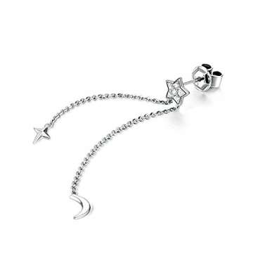 SonMo Echt 18K Gold Damen Ohrringe Stern Diamand Lang Kette Mond Anhänger Ohrstecker 18 Karat (750) Weißgold Schmuck Geschenk für Frauen Mädchen - 2