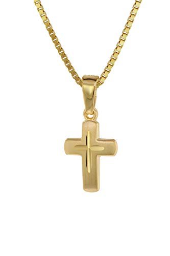 trendor Kreuz-Anhänger für Kinder Gold 585 (14 Kt.) + Plattierte Kette Kinder Halskette, Gold Kreuz Anhänger für Jungen und Mädchen, Geschenkidee 75273 - 1