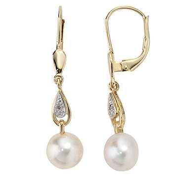JOBO Damen-Ohrhänger aus 585 Gold mit Perlen und 2 Diamanten - 1