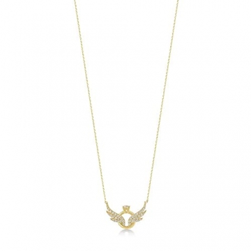 Damen Halskette aus 14 Karat - 585 Echt Gelbgold Kette mit Anhänger als Engelsflügel und Ringe, Zirkonia Steinchen, Geschenk für Valentinstag Geburtstag Weihnachten - Kette 45 cm - 6