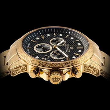 LOUIS XVI Herren-Armbanduhr Palais Royale Stahlband Gold Schwarz Karbon echte Diamanten Chronograph Analog Quarz Edelstahl 873 - 2