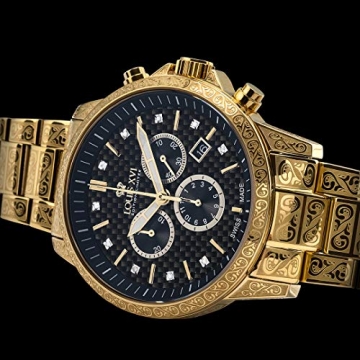 LOUIS XVI Herren-Armbanduhr Palais Royale Stahlband Gold Schwarz Karbon echte Diamanten Chronograph Analog Quarz Edelstahl 873 - 4