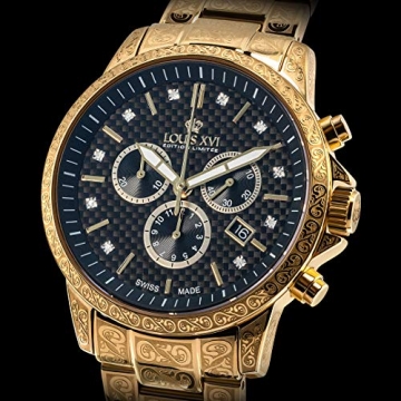 LOUIS XVI Herren-Armbanduhr Palais Royale Stahlband Gold Schwarz Karbon echte Diamanten Chronograph Analog Quarz Edelstahl 873 - 5