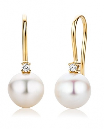 Miore Schmuck Damen 0.06 Ct Diamant Ohrringe mit weiße Süßwasserperlen und Brillanten Ohrhänger aus Gelbgold 18 karat / 750 Gold - 1