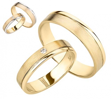 Ardeo Aurum Trauringe aus 375 Gold bicolor Gelbgold Weißgold mit 0,02 ct Diamant Brillant hochglanzpoliert-matt Eheringe Paarpreis - 3