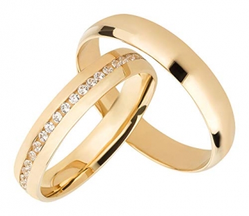 Ardeo Aurum Trauringe Damenring und Herrenring aus 375 Gold Gelbgold mit Zirkonia Eheringe 4 mm Breite Paarpreis - 1