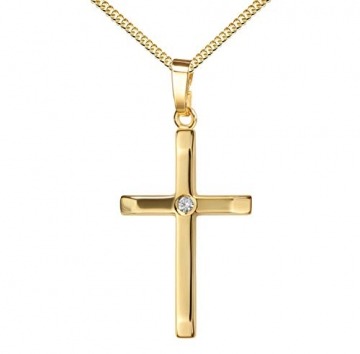Kreuz Kette Kreuz-Anhänger für Damen, Herren und Kinder Ketten-Anhänger 750 Gold 18 Karat + Brilliant und Schmuck-Etui mit Kette 45 cm - 1