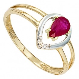 JOBO Damen-Ring aus 585 Gold Bicolor mit Rubin und 3 Diamanten Größe 52 - 1