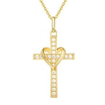 FANCIME 925 Sterling Silber Gold Vergoldet Herz Anhänger Kreuz Kette für Frauen Mädchen Baby Kinder - Kettenlänge: 40 + 5 cm - 1