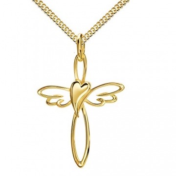 Kreuzkette Gold Kreuz-Herz-Flügel-Anhänger 585 Gold 14 Karat als Kettenanhänger Mit Kette Länge 60 cm - 1