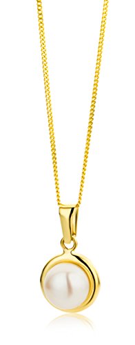 Miore Schmuck Damen Halskette mit Kettenanhänger weiße Süßwasserperle 7.5 mm Kette aus Gelbgold 9 Karat / 375 Gold 45 cm lang - 1