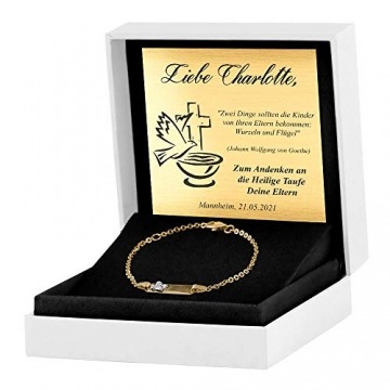 Maverton Kinder ID Armband 585 Gold mit Gravur + personalisierte Geschenkbox - mit Engel - Geschenk für Mädchen zur Geburt Taufe - Länge: 13 - 15 cm - 14 Karat - 4