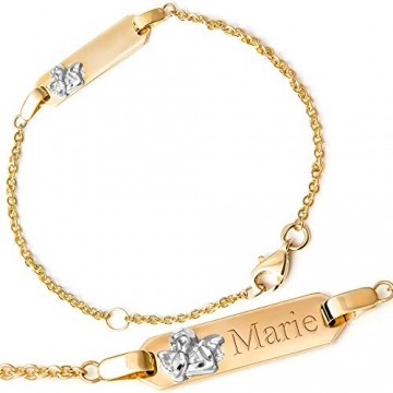 Maverton Kinder ID Armband 585 Gold mit Gravur + personalisierte Geschenkbox - mit Engel - Geschenk für Mädchen zur Geburt Taufe - Länge: 13 - 15 cm - 14 Karat - 1