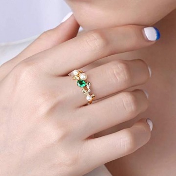Beydodo Partnerringe 750 Blatt mit Perle Oval Smaragd 0.4ct Gold Ringe Verlobungsring Diamant Gr.54 (17.2) - 4