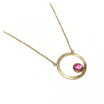 Collier 750/- Gelbgold matt Turmalin Cabochon pink rund 47cm - 1