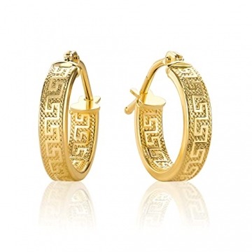 Kleine Griechische Schlüssel Ohrringe Creolen Gelbgold Aus 18 Karat / 750 Gold Diamantiert (3 x 14 Ø mm) - PRI37A - 2