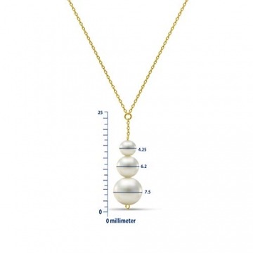Miore Schmuck Damen Halskette mit Kettenanhänger 3 runde weiße Süßwasserperlen 7.5 mm Kette aus Gelbgold 14 Karat / 585 Gold, Länge Einstellbar 42-45cm - 2