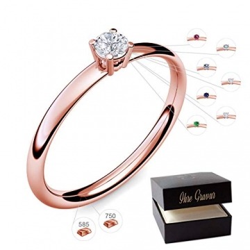 Verlobungsring Roségold 585 750 PERSONALISIERT + ETUI mit individueller GRAVUR Damen-Ring Heiratsantrag Diamant-Ring Zirkonia Aquamarin Rubin Smaragd Saphir Brillant Blautopas Edelstein - 1