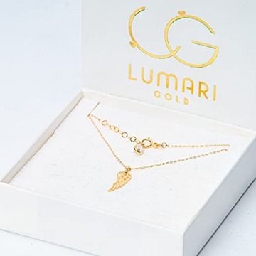 Goldene Damen Halskette 585 14k Gold Gelbgold Kette mit Anhänger Engelsflügel Kugel Zirkonia Gravur - 2