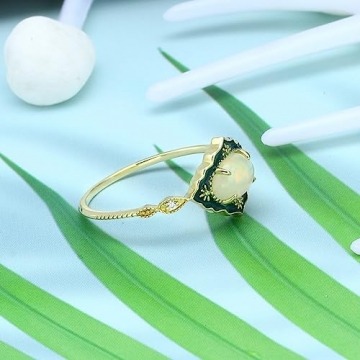 KnSam Gold 14K 585 Ring Echtes, Blumen Rhombus Antragsring mit Opal - Hell Gelb & Oval, Gelbgold Au750 Hochzeitsring Bandringe Moissanite für Damen, Gold, Gr.49 - 6